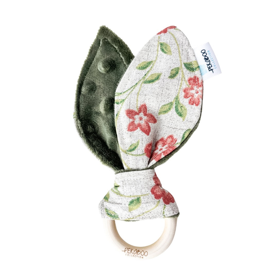 Anneau de dentition bois oreille de lapin - Fleuri vert
