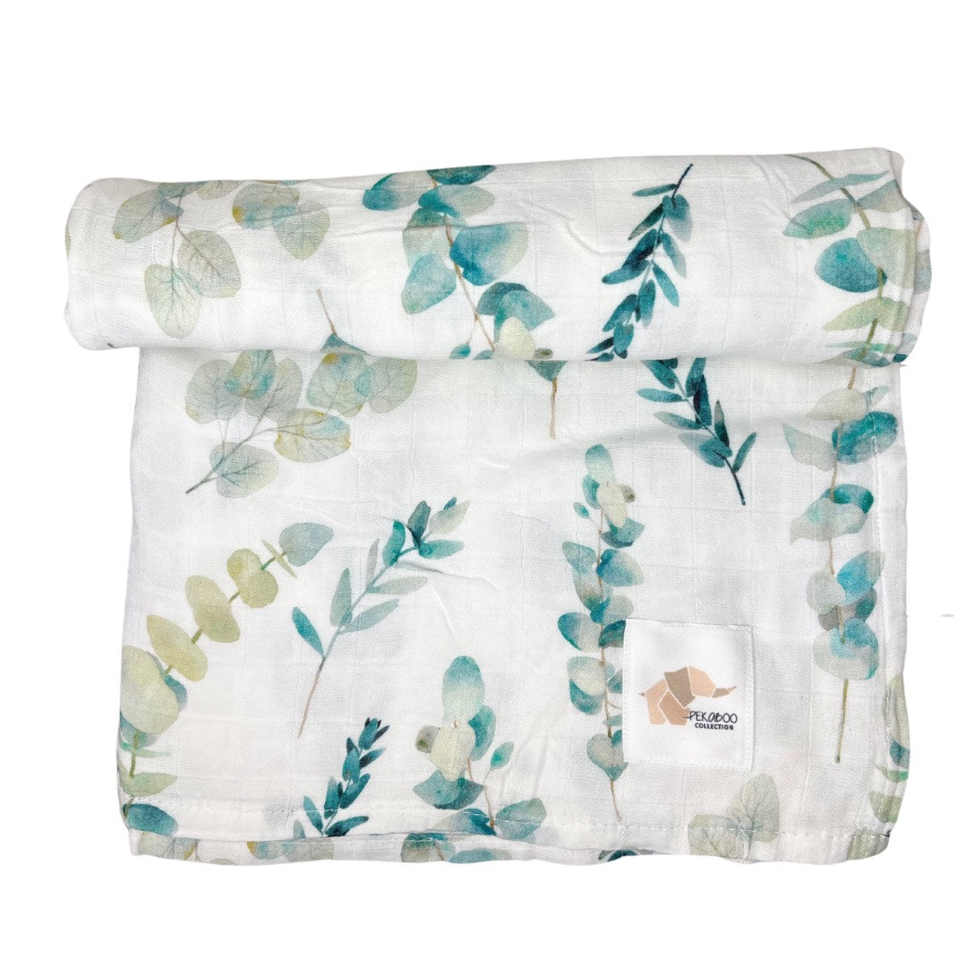 Couverture mousseline de bambou - Feuilles d’eucalyptus (bleu)