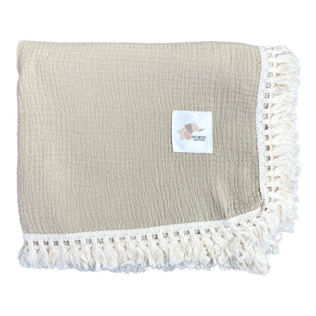 Couverture mousseline avec franges - Beige foncé