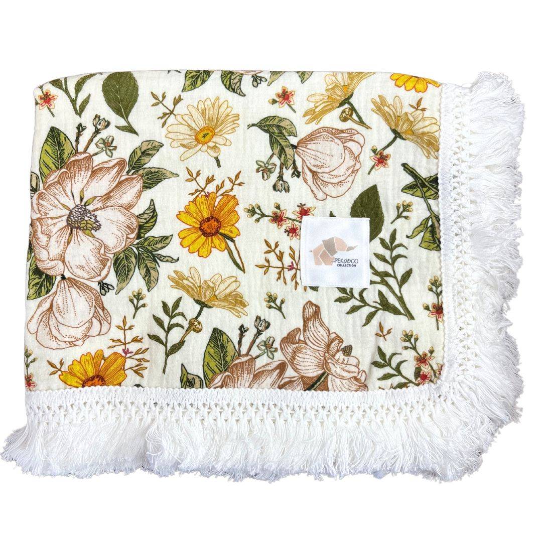 Couverture mousseline avec franges - Fleuri vintage
