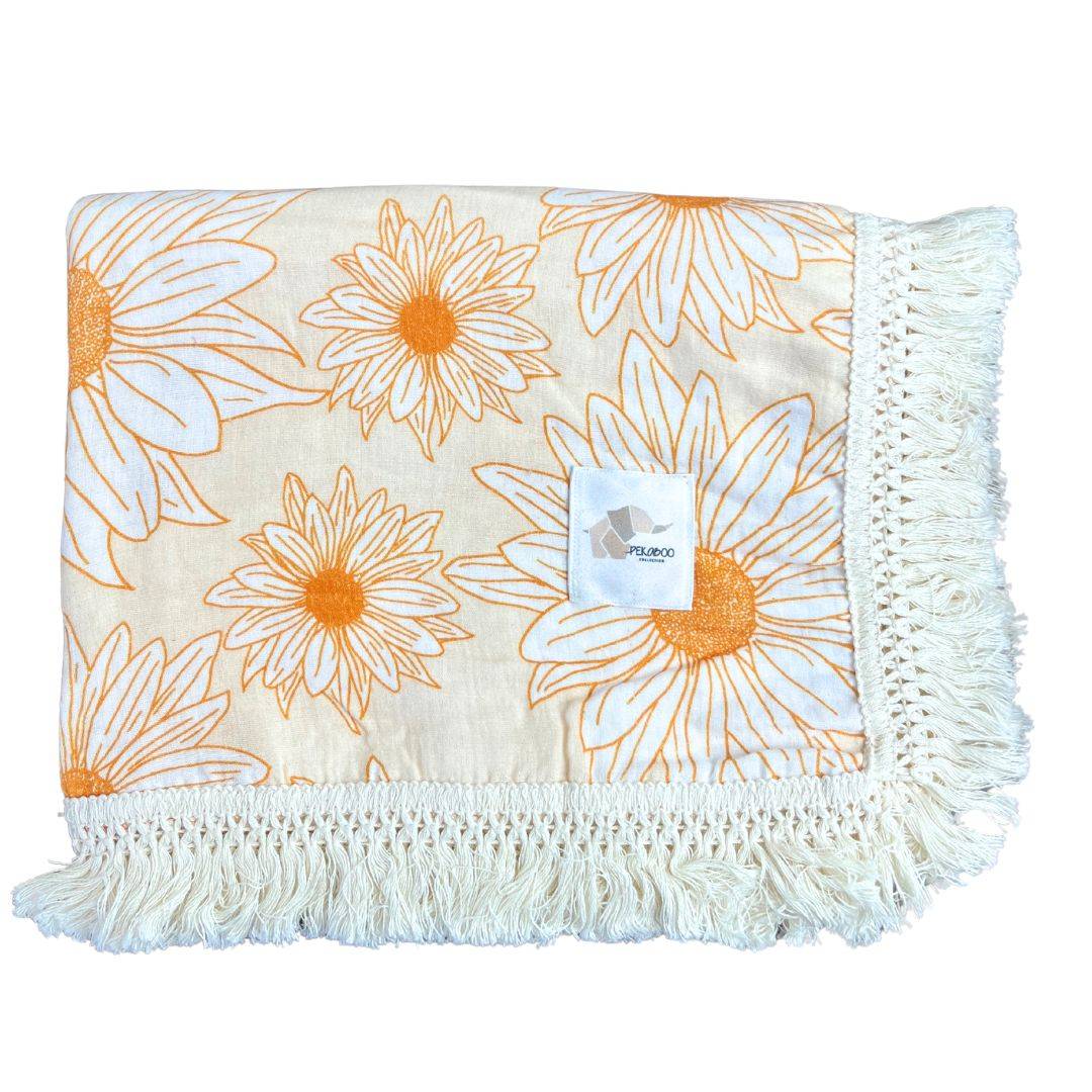 Couverture mousseline avec franges - Marguerites moutarde