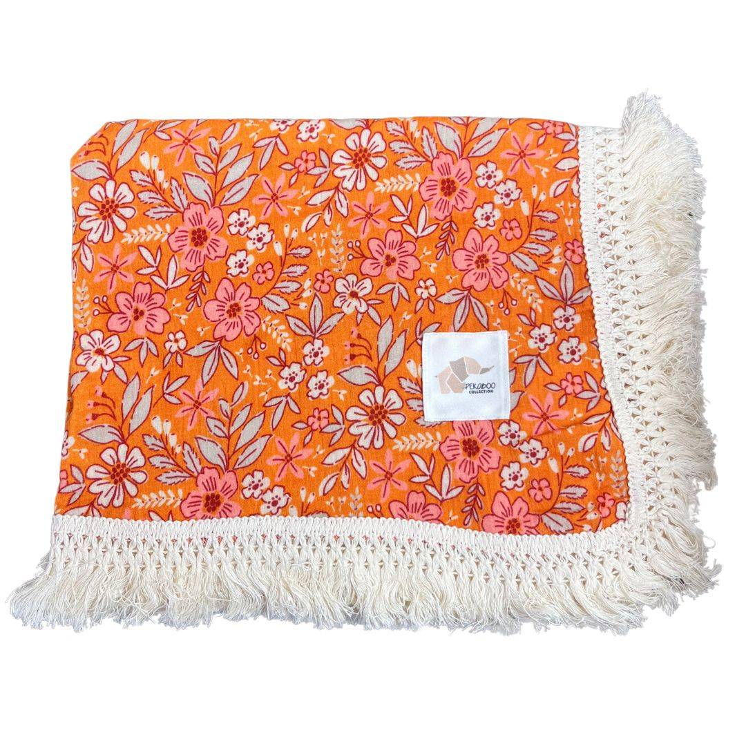 Couverture mousseline avec franges - Fleurs oranges