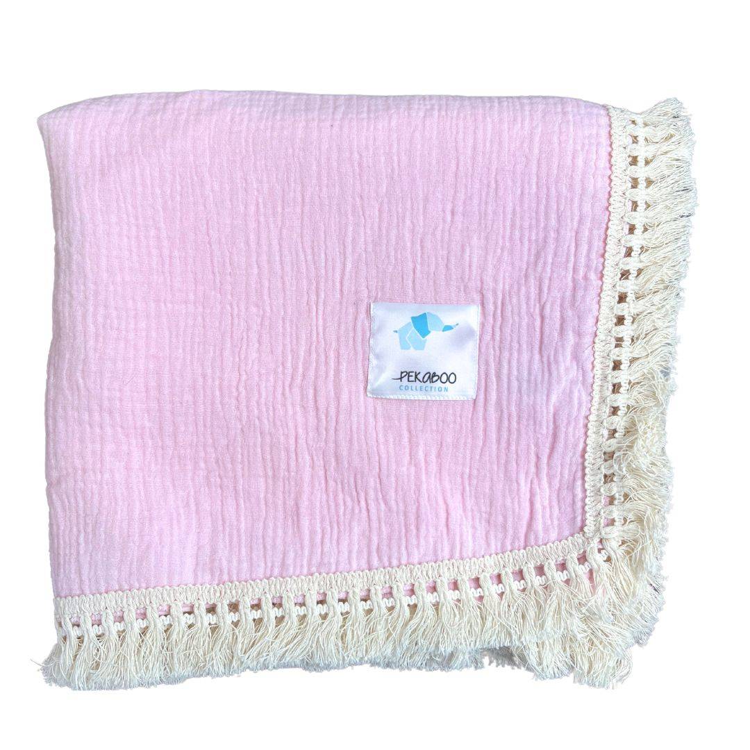 Couverture mousseline avec franges - Rose