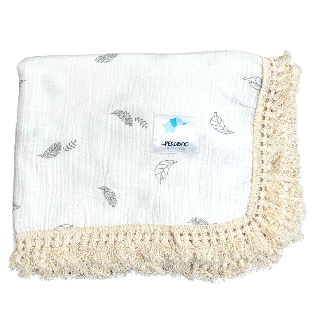 Couverture mousseline avec franges - Feuilles