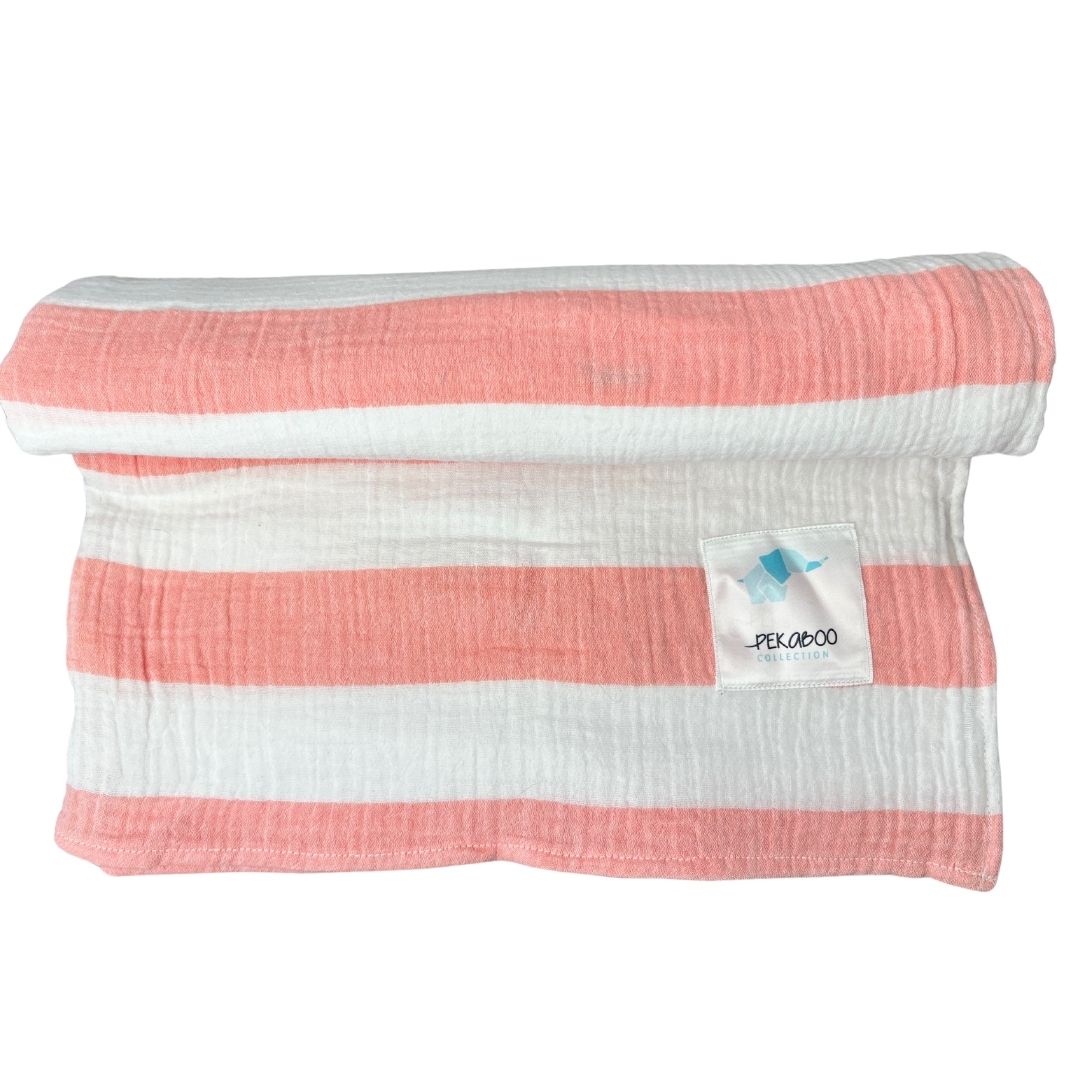 Couverture mousseline de coton - Ligné rose