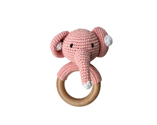 Hochet bois et crochet - Éléphant rose