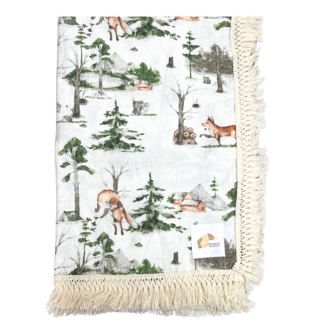 Couverture mousseline avec franges - Nature et renards vintage