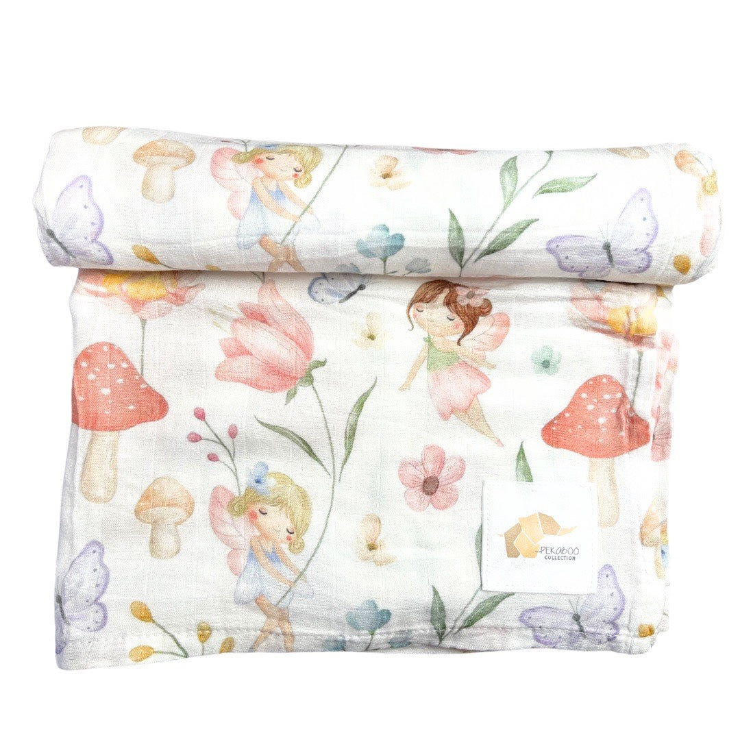 Couverture mousseline de bambou - Fées fleurs champignons