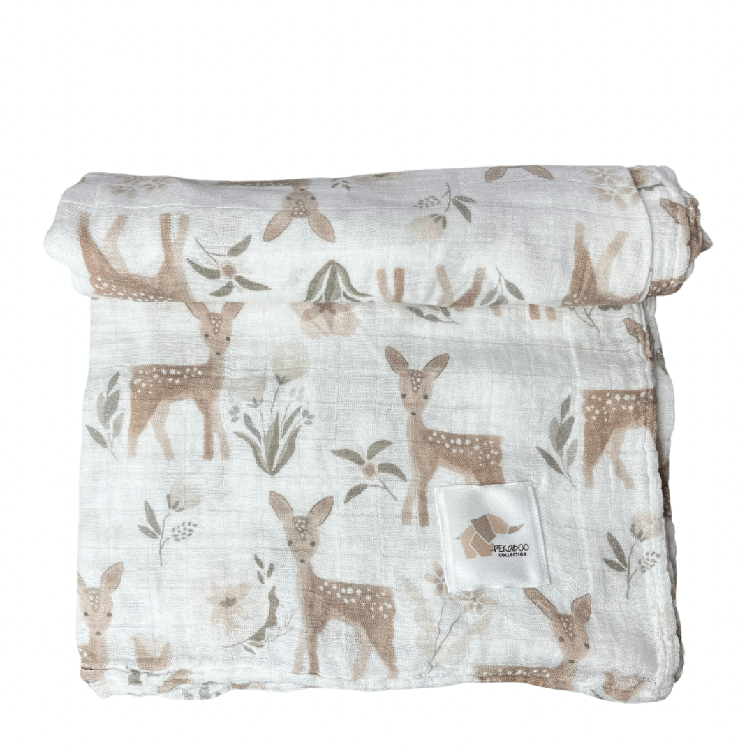 Couverture mousseline de bambou - Chevreuil et fleurs beige