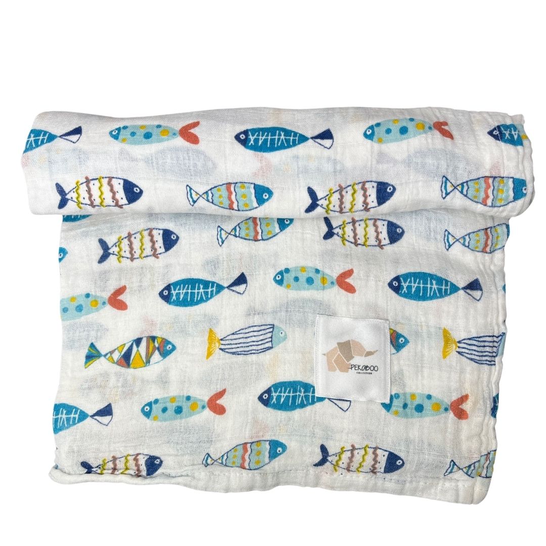 Couverture mousseline de coton - Poissons bleus