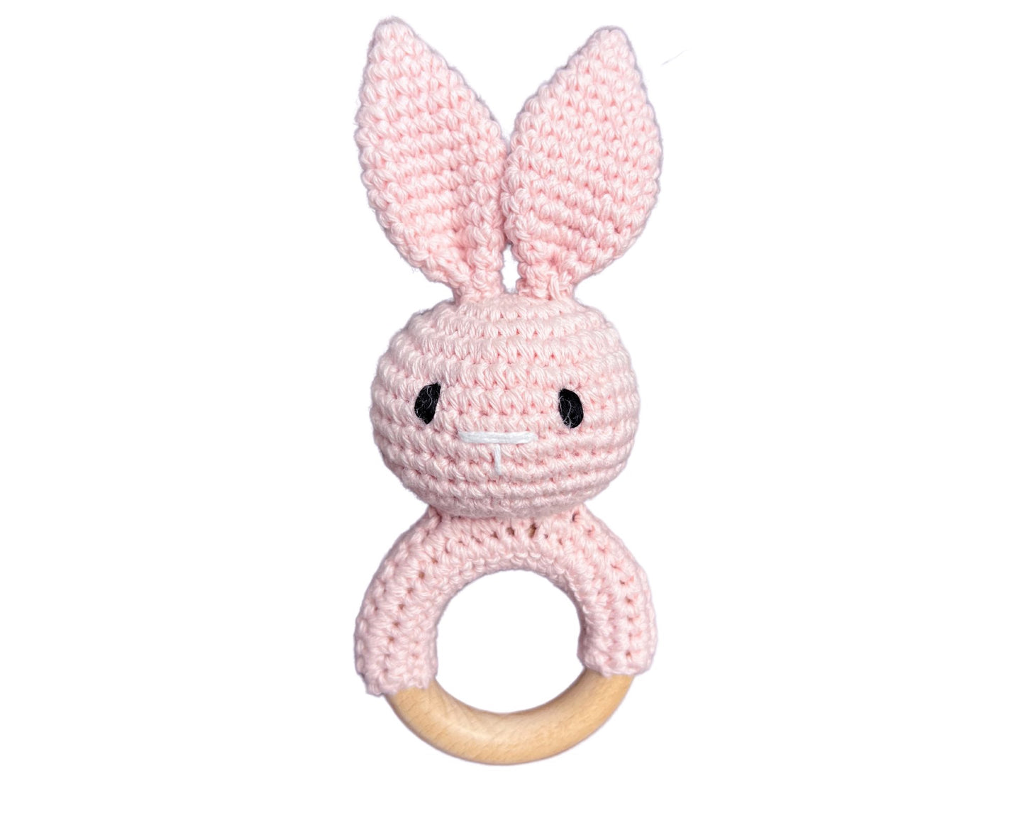Hochet bois et crochet - Lapin rose