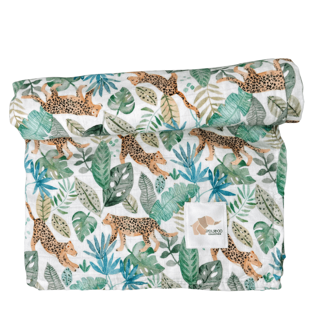 Couverture mousseline de bambou - Léopard et feuillage