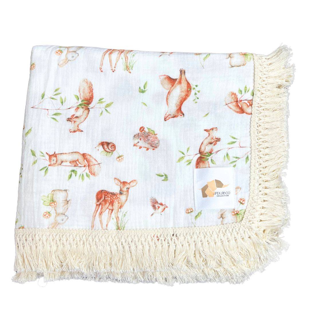 Couverture mousseline avec franges - Forêt enchantée beige