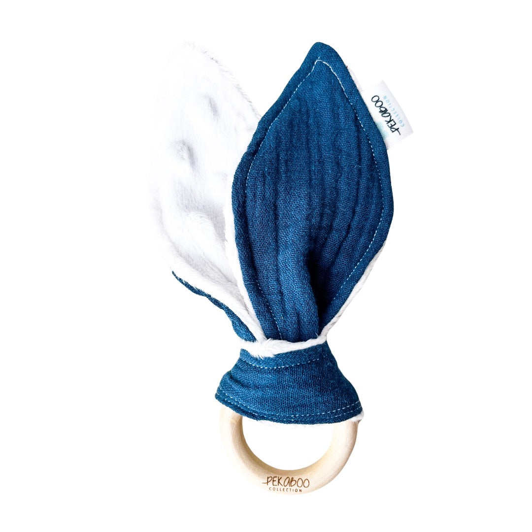 Anneau de dentition bois oreille de lapin - Uni bleu aviateur