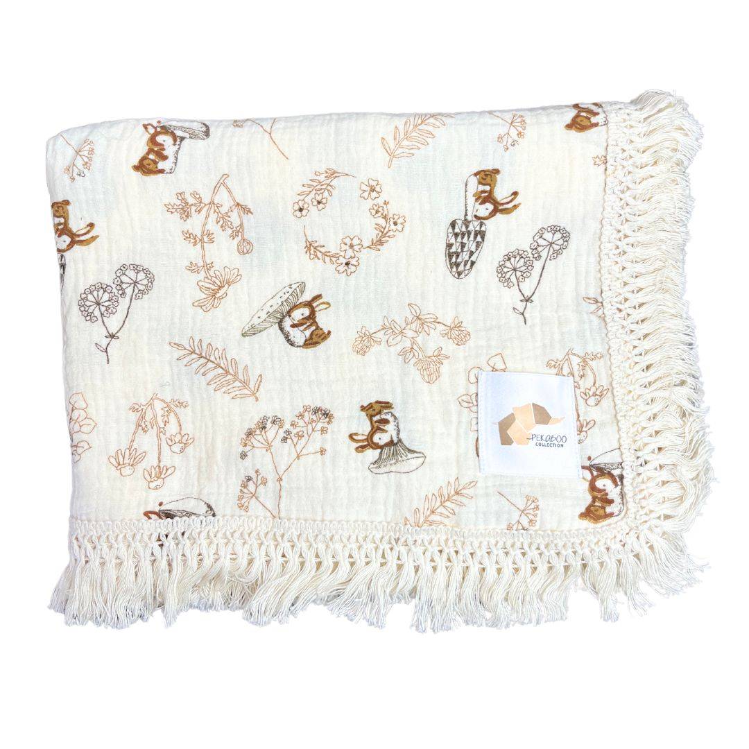 Couverture mousseline avec franges - Lapins et feuillage rust