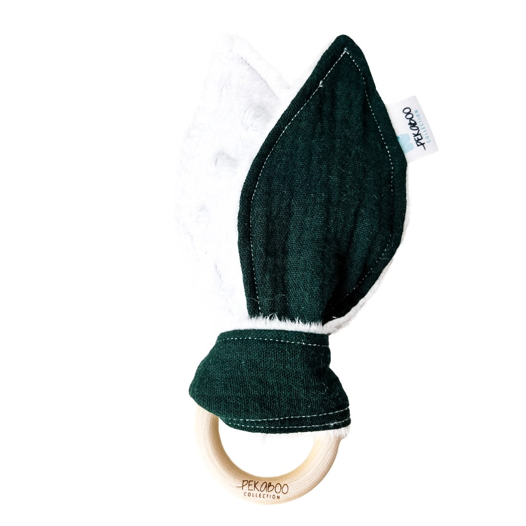 Anneau de dentition bois oreille de lapin - Uni vert forêt