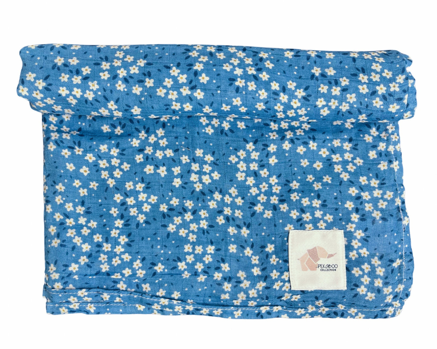 Couverture mousseline de coton - Minis fleurs blanches et bleues