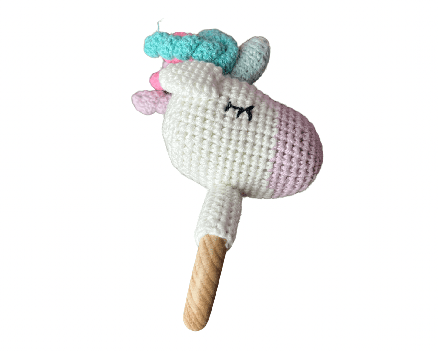 Hochet bois et crochet - Licorne mauve