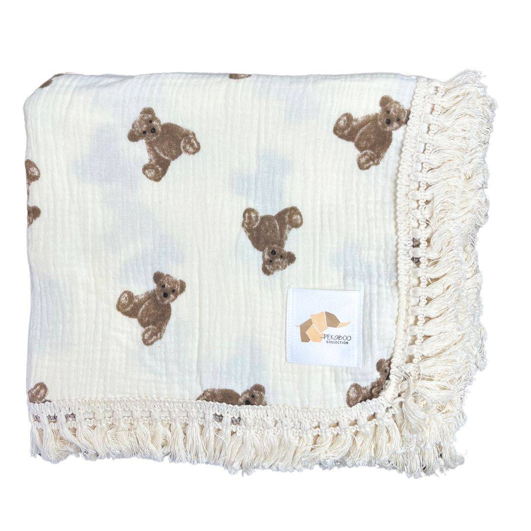 Couverture mousseline avec franges - Ourson peluche brun