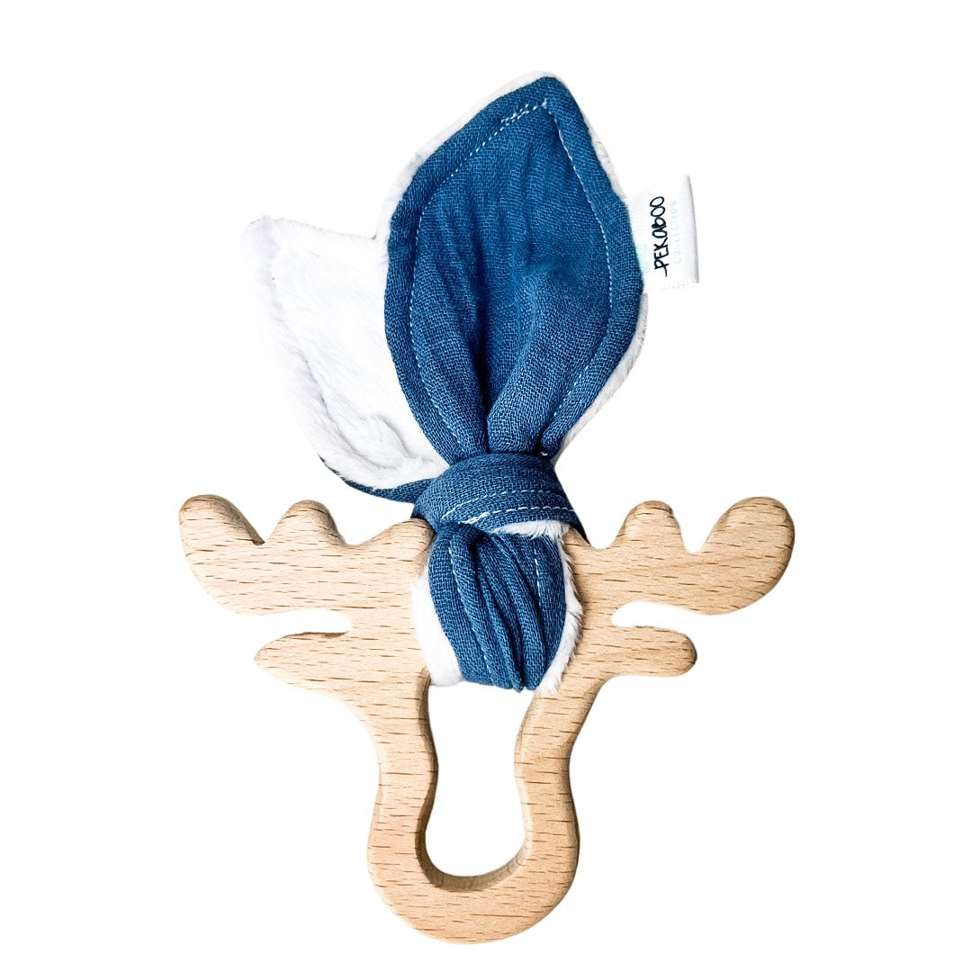 Anneau de dentition bois oreille de lapin - Uni bleu aviateur