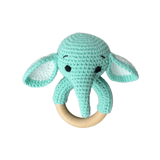 Hochet bois et crochet - Éléphant turquoise
