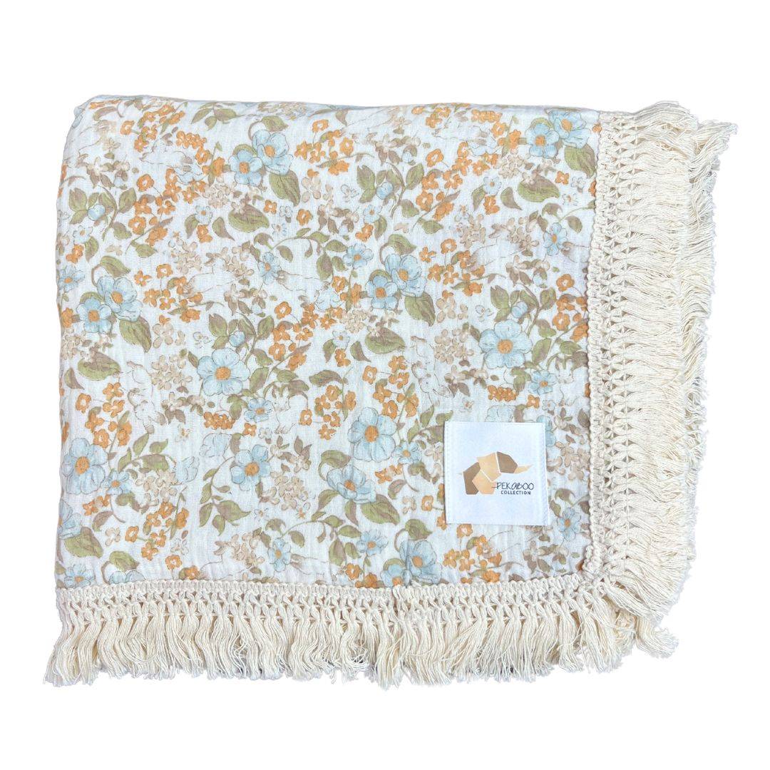 Couverture mousseline avec franges - Fleuri vintage bleu