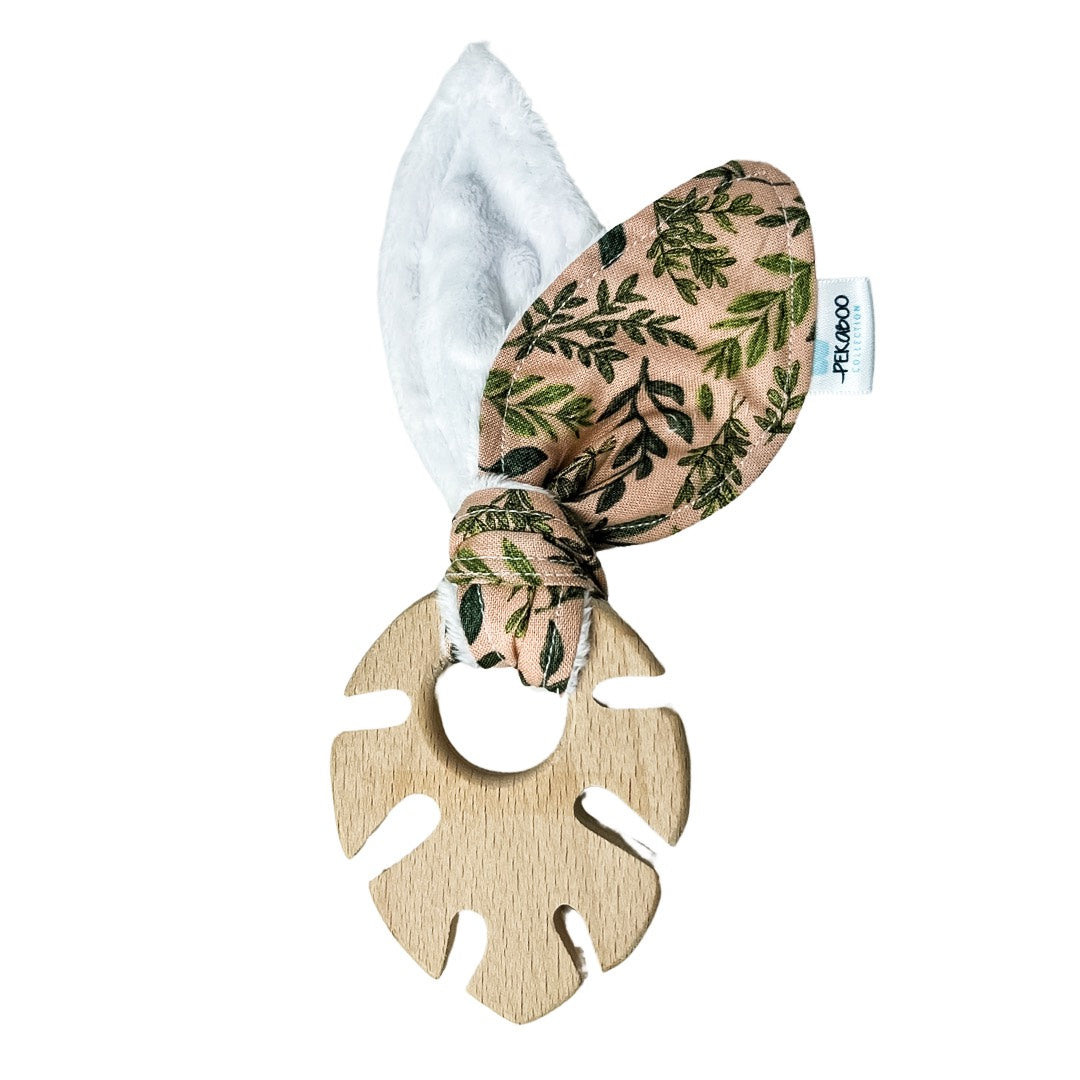 Anneau de dentition bois oreille de lapin - Feuillage rose