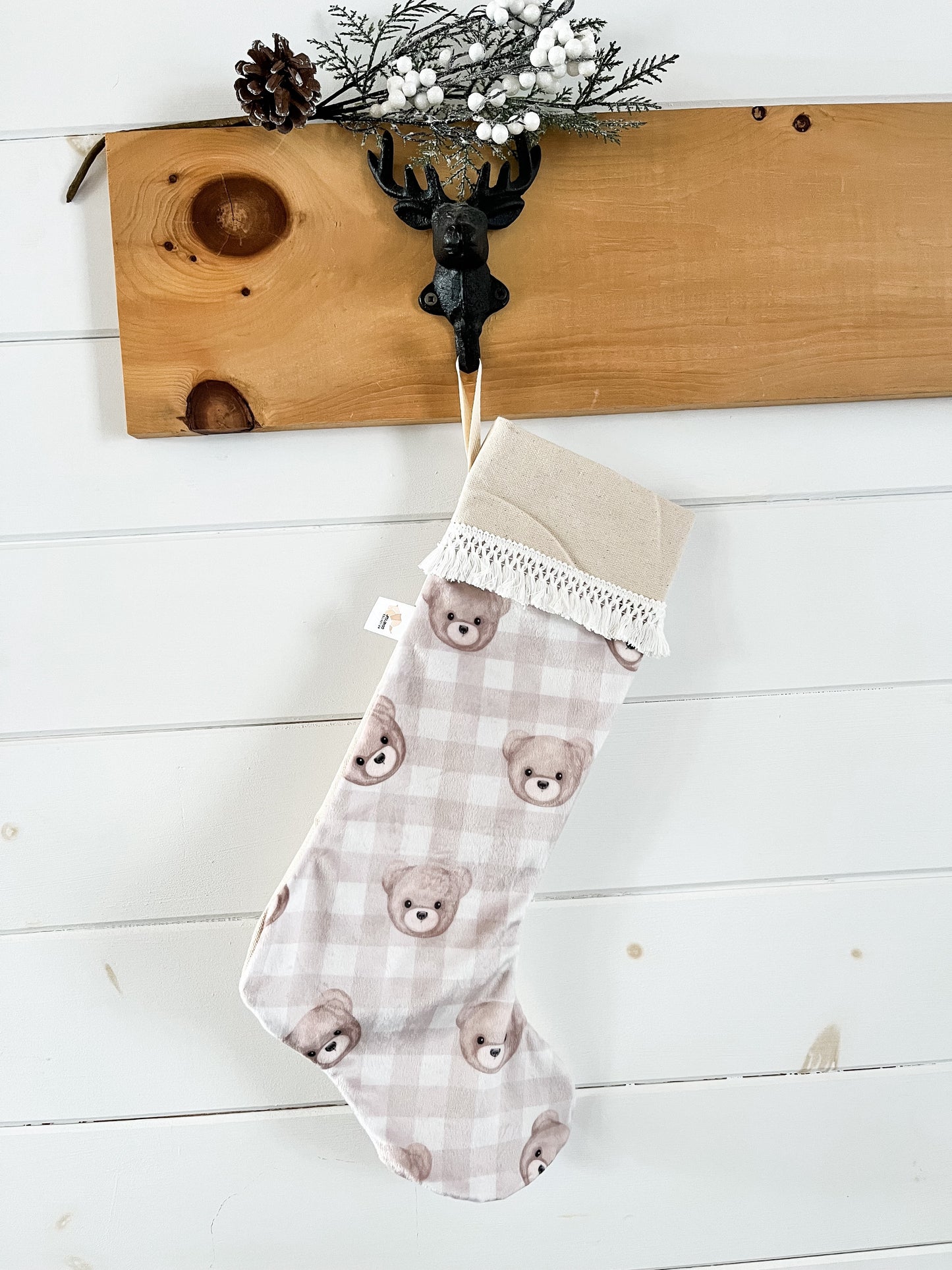 Bas de noël personnalisé - Ourson beige carreauté