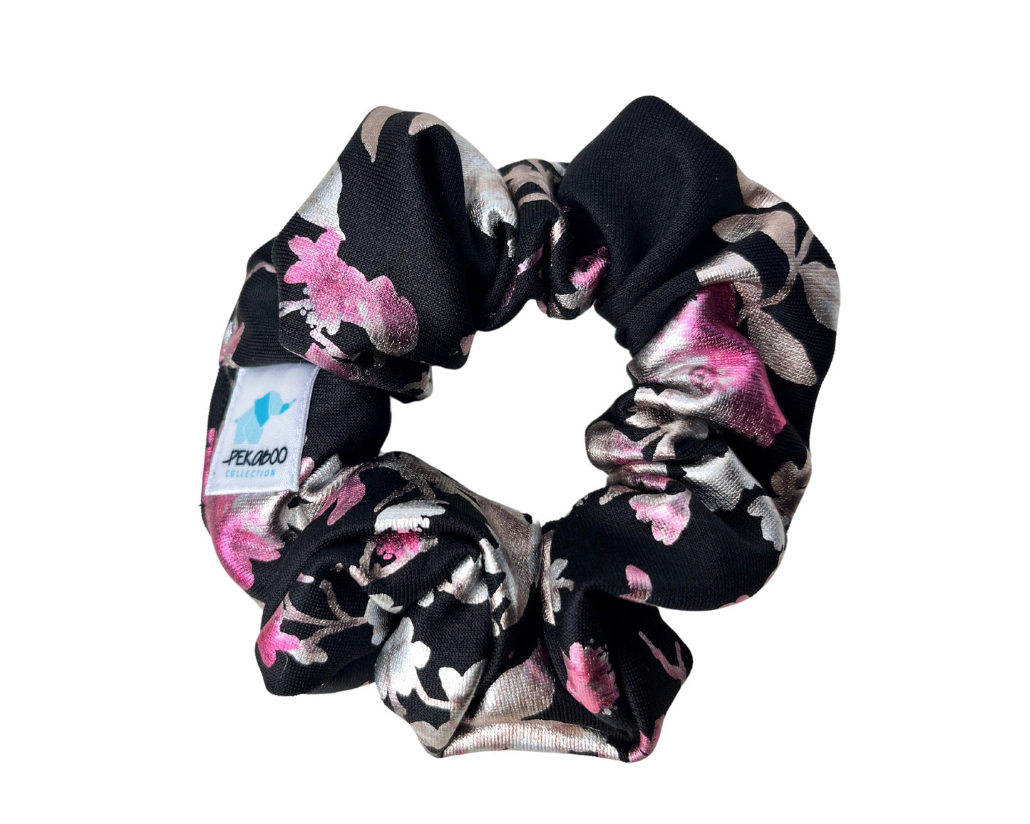 Chouchou élastique pour cheveux - Fleuri noir rose métallique