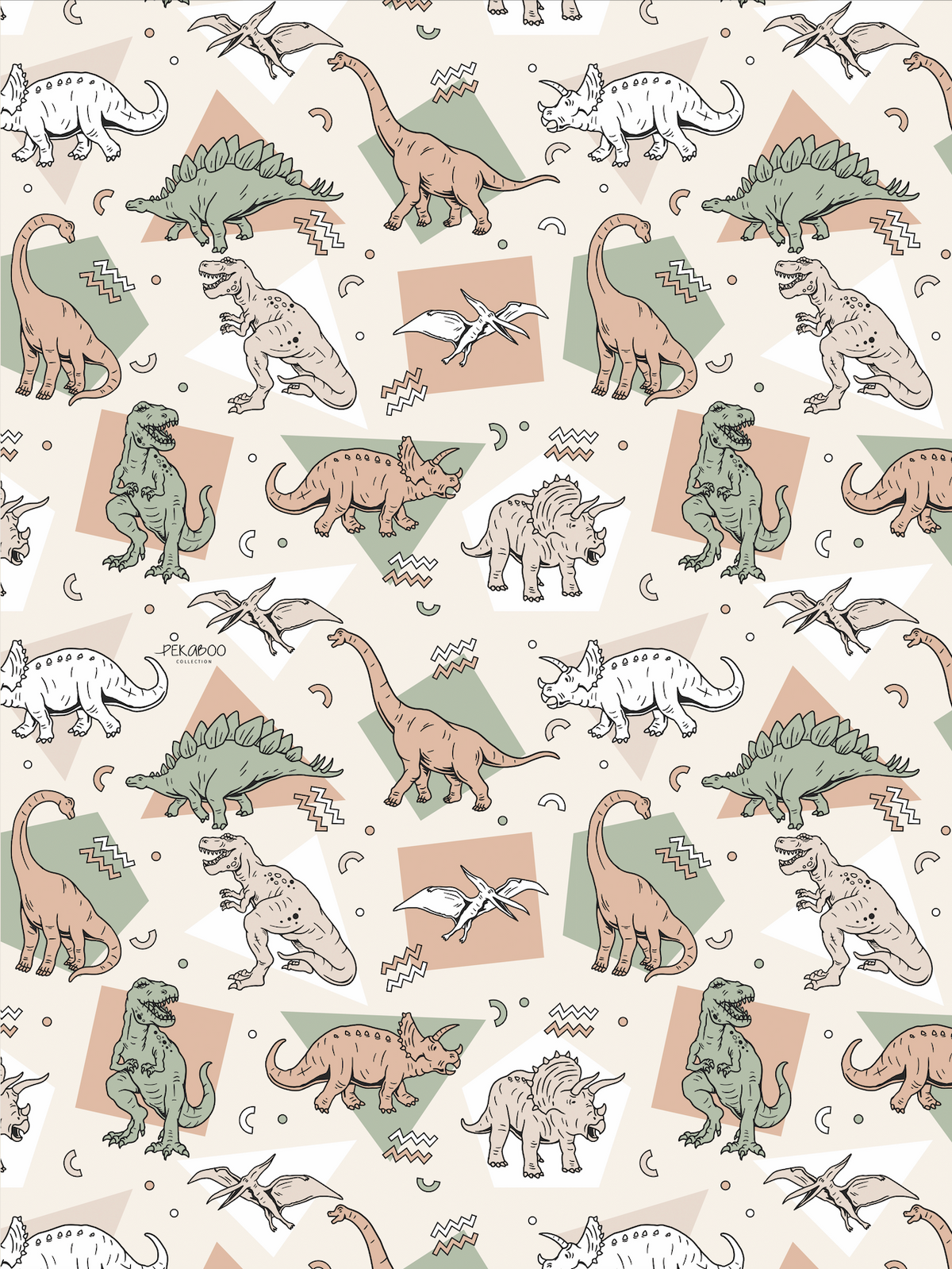 Couverture minky - Dinos géométriques sauge et beiges