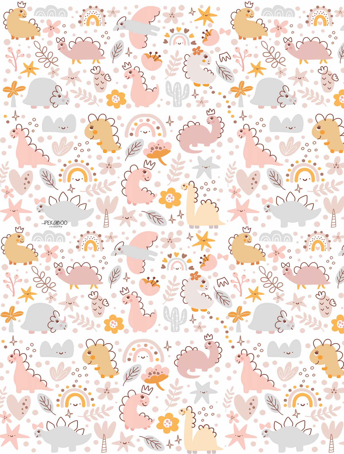 Couverture magiks - Dinos roses moutarde et arcs-en-ciel