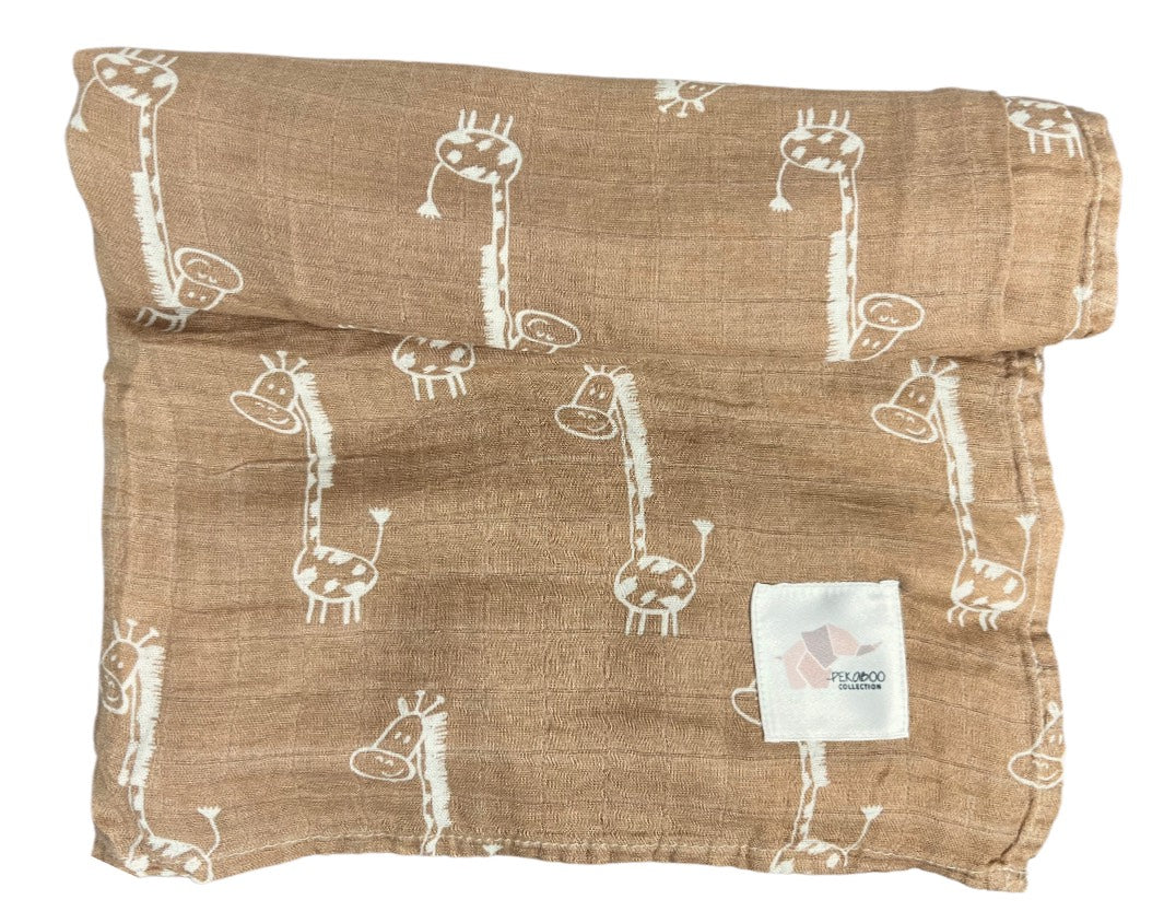 Couverture mousseline de coton - Girafes blanc et brun