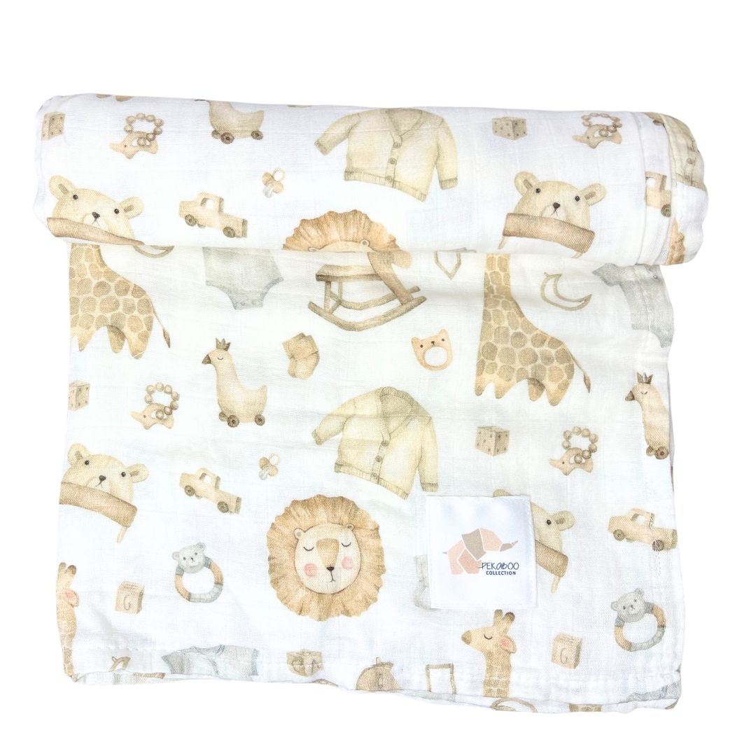 Couverture mousseline de bambou - Doux jouets et lionceaux