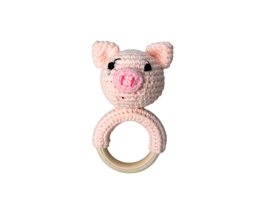 Hochet bois et crochet - Cochon rose pâle