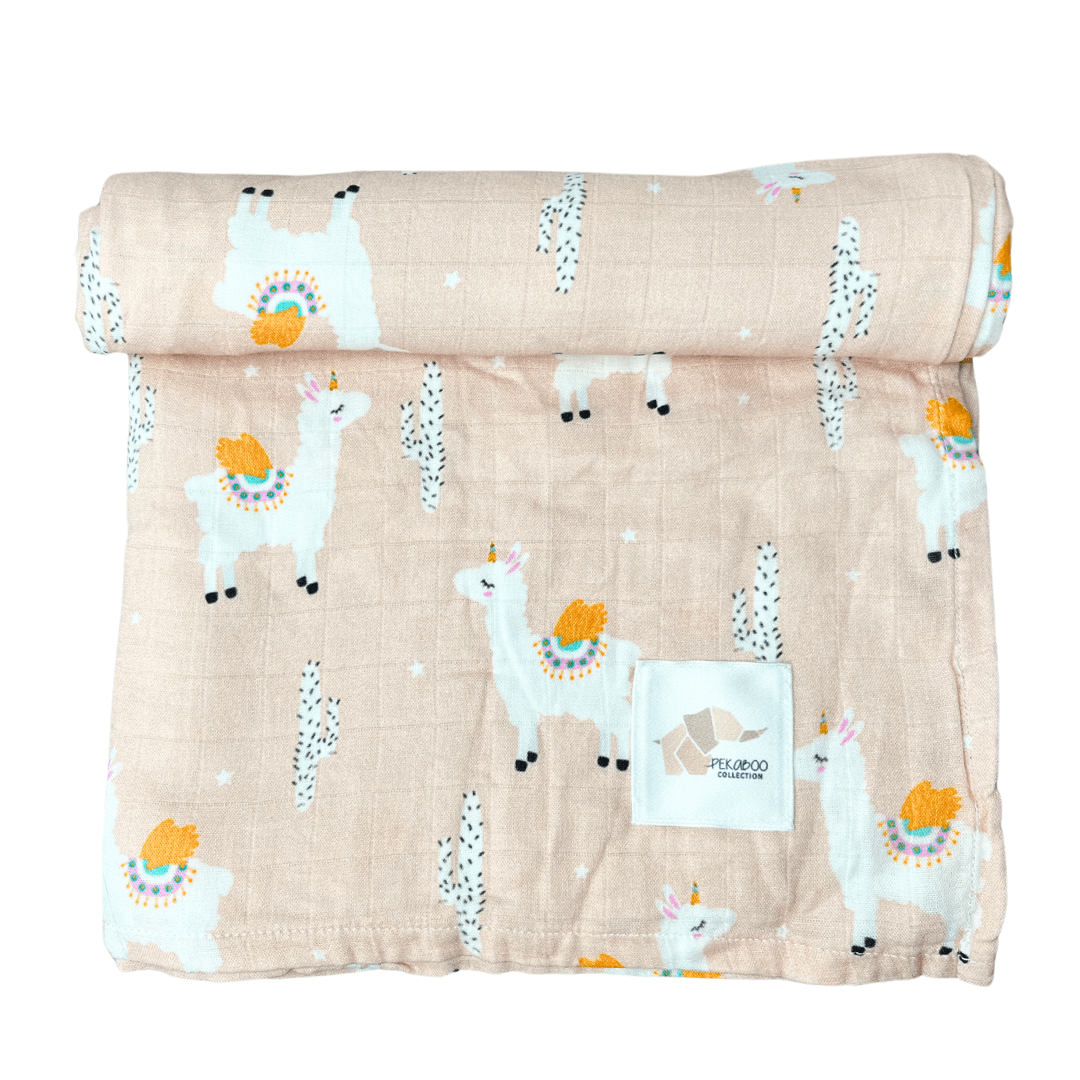 Couverture mousseline de bambou - Lamas rose pâle