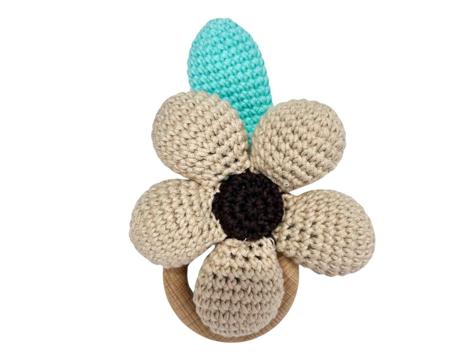 Hochet bois et crochet - Marguerite beige et turquoise