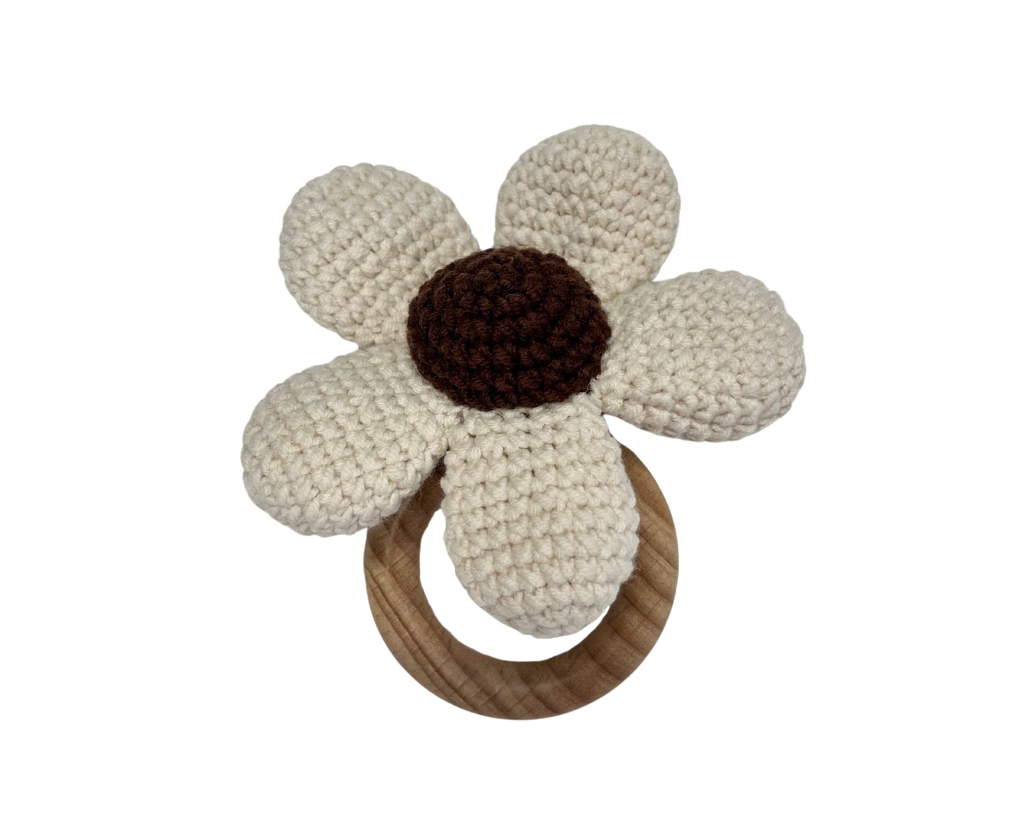 Hochet bois et crochet - Marguerite beige