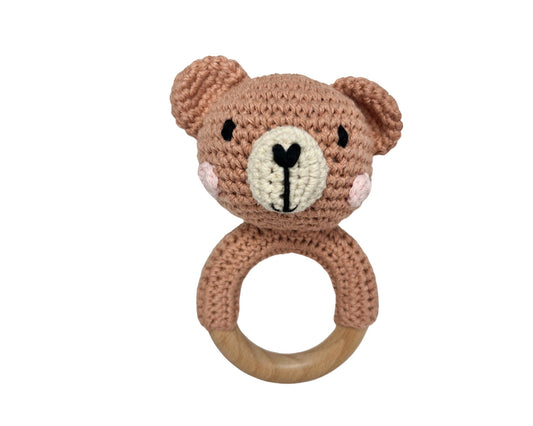 Hochet bois et crochet - Ourson rose