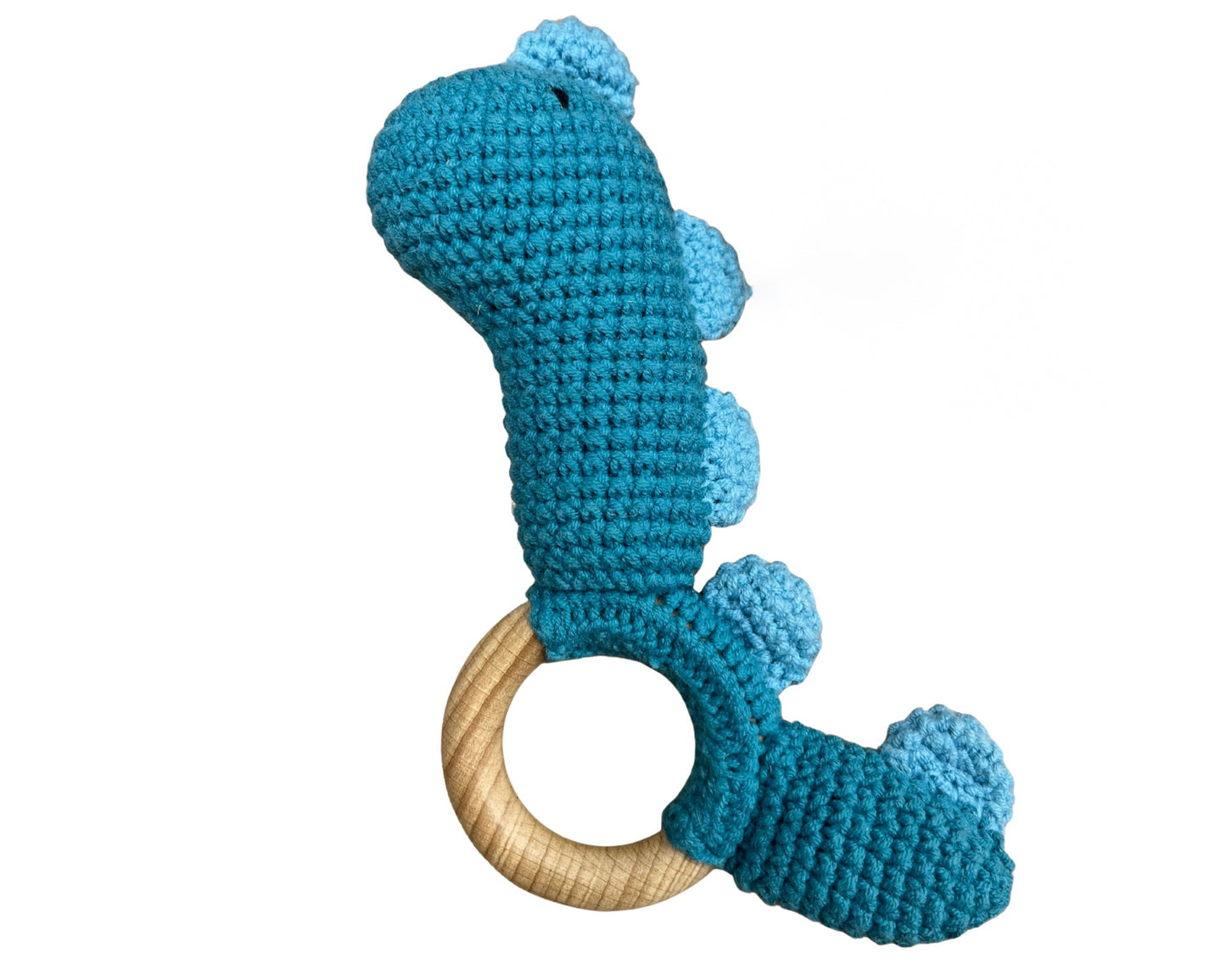 Hochet bois et crochet - Dino vert-bleu