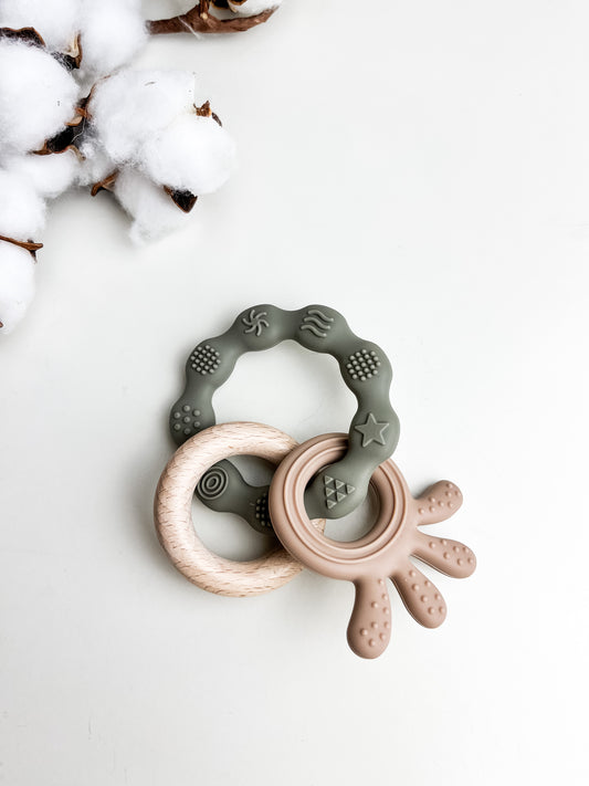 Jouet de dentition bois - Bois & pieuvre kaki
