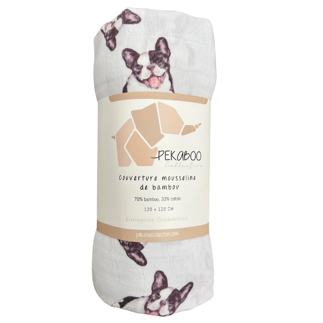 Couverture mousseline de bambou - Bouledogue Français noir & blanc