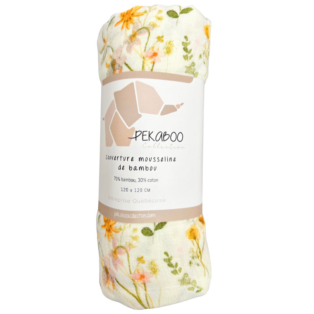 Couverture mousseline de bambou - Fleuri vintage beige