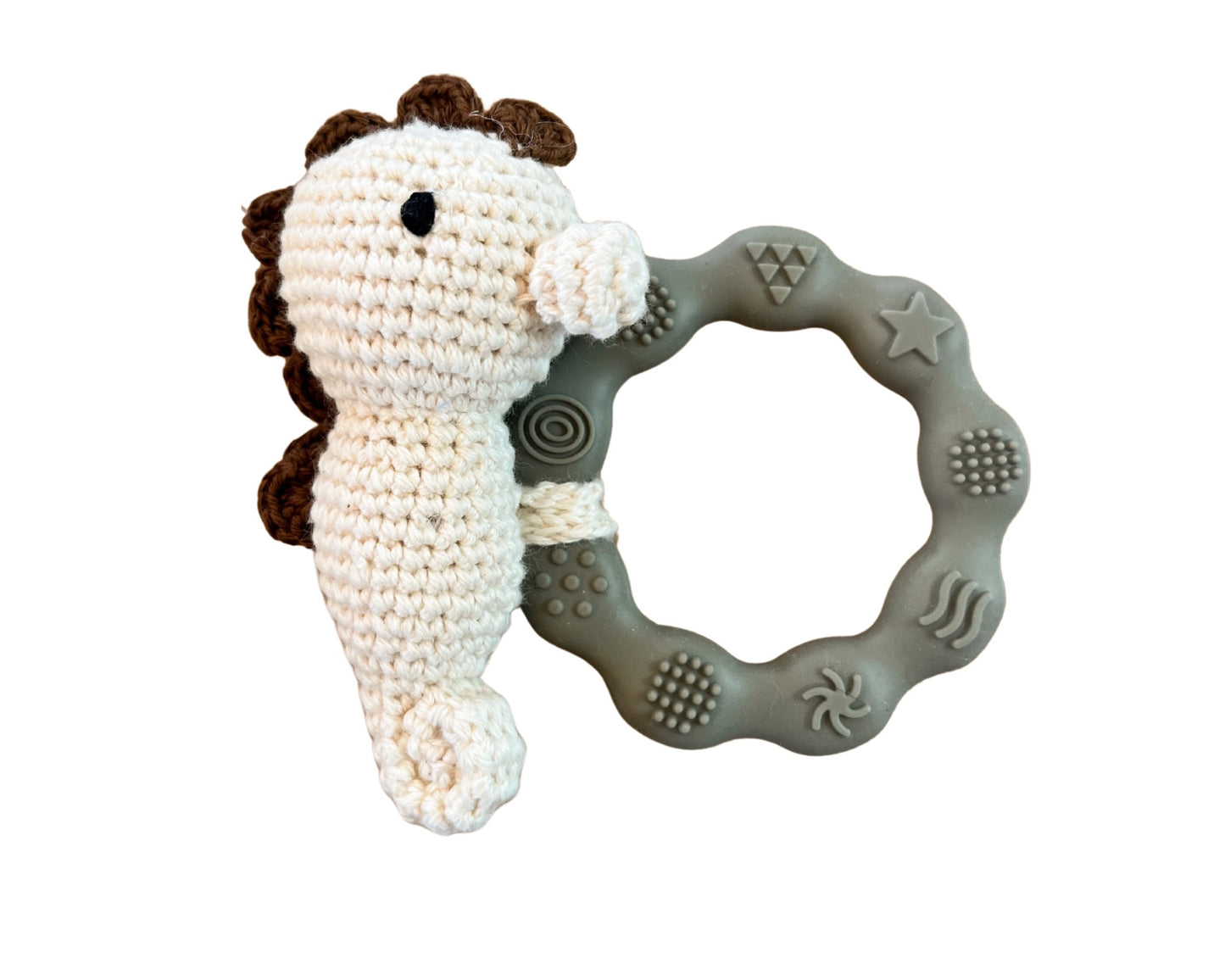 Hochet bois et crochet - Silicone hippocampe beige gris