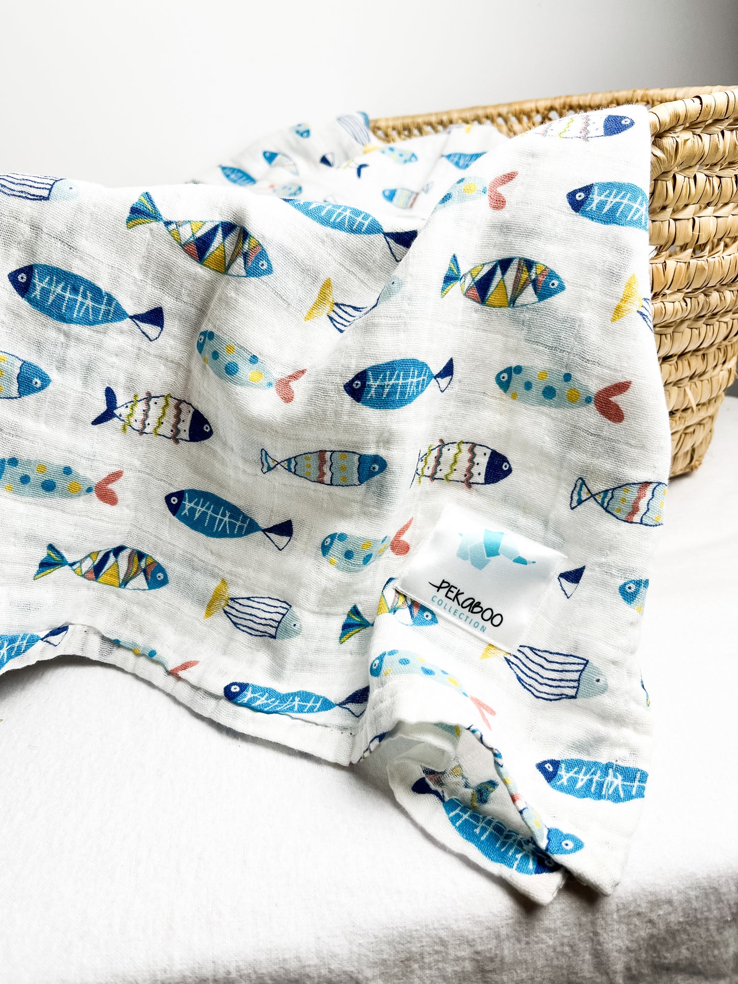 Couverture mousseline de coton - Poissons bleus