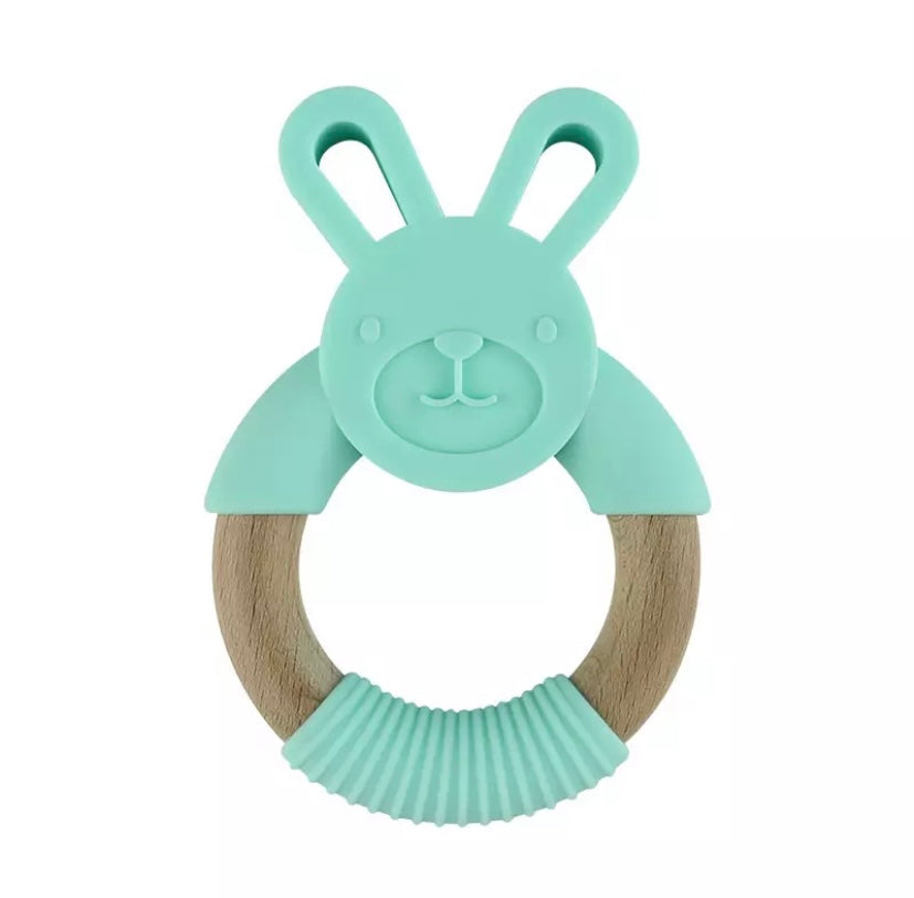 Jouet de dentition - Anneau bois lapin turquoise