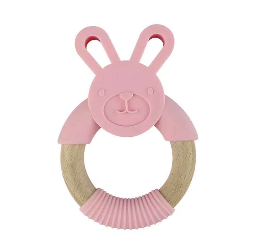 Jouet de dentition - Anneau bois lapin rose foncé