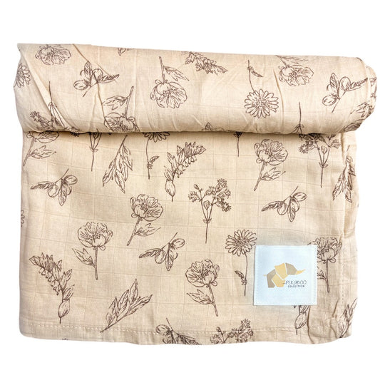 Couverture mousseline de bambou - Feuillage et fleurs rose pâle