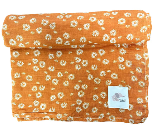 Couverture mousseline de coton -Petites fleurs oranges