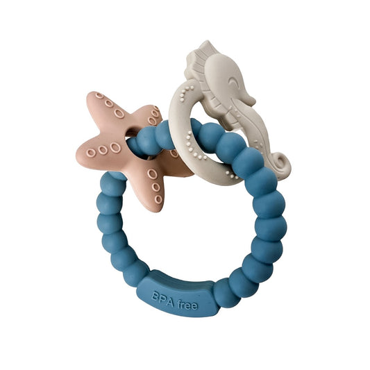 Jouet de dentition - Anneau silicone hippocampe étoile de mer bleu