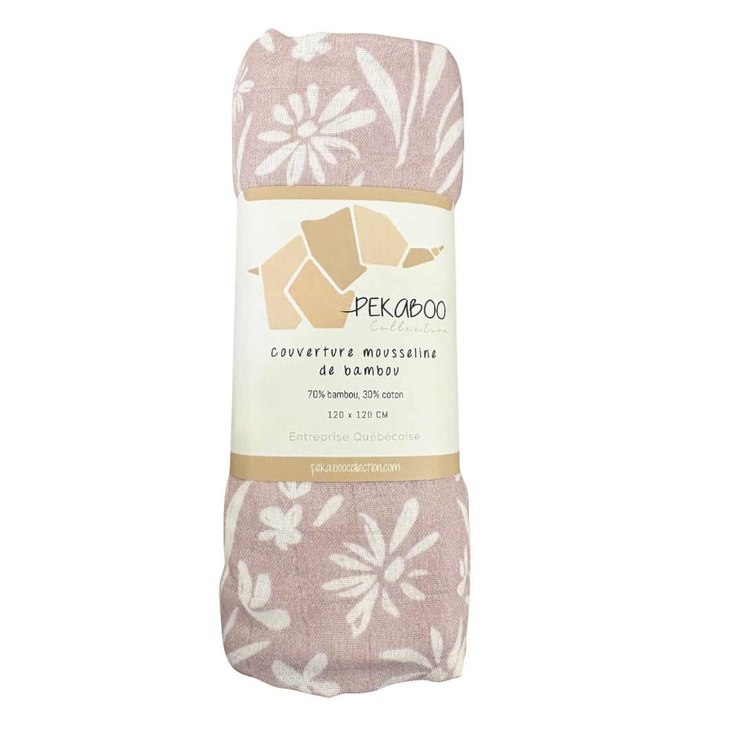 Couverture mousseline de bambou - Douce floraison vieux rose